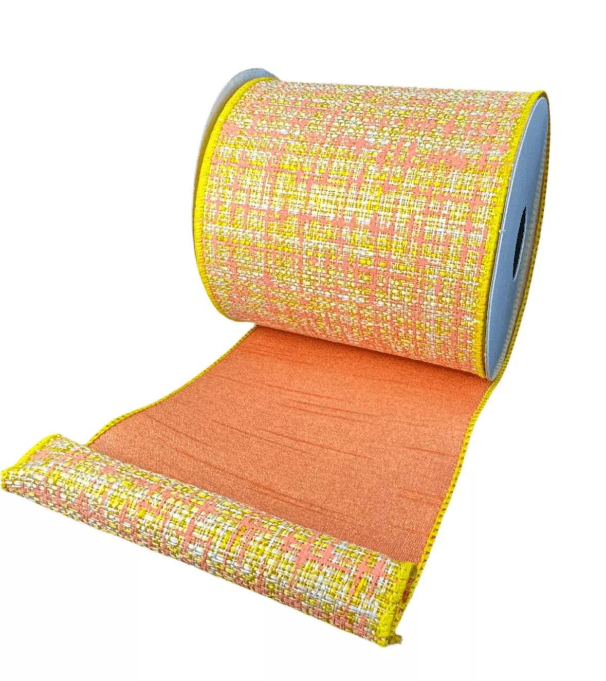 Yellow and Peach Double Sided Tweed Wired Ribbon, 4”