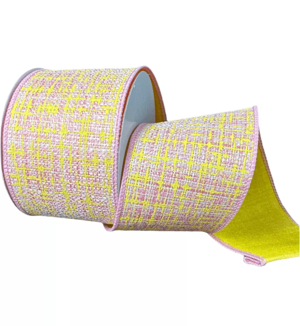 Yellow and Pink Double Sided Tweed Wired Ribbon, 2.5”