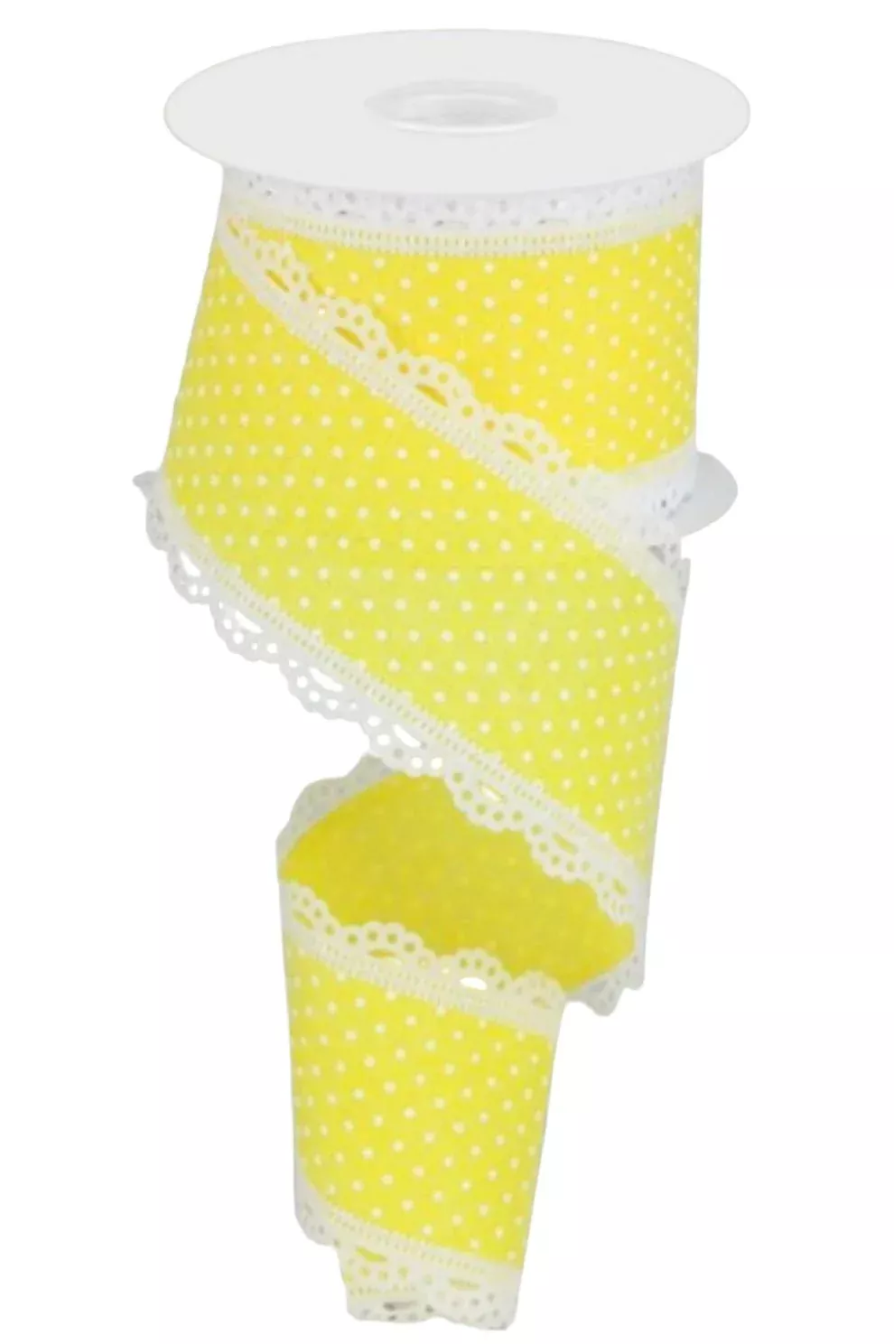 Yellow and white Swiss dot with lace edge 2.5”